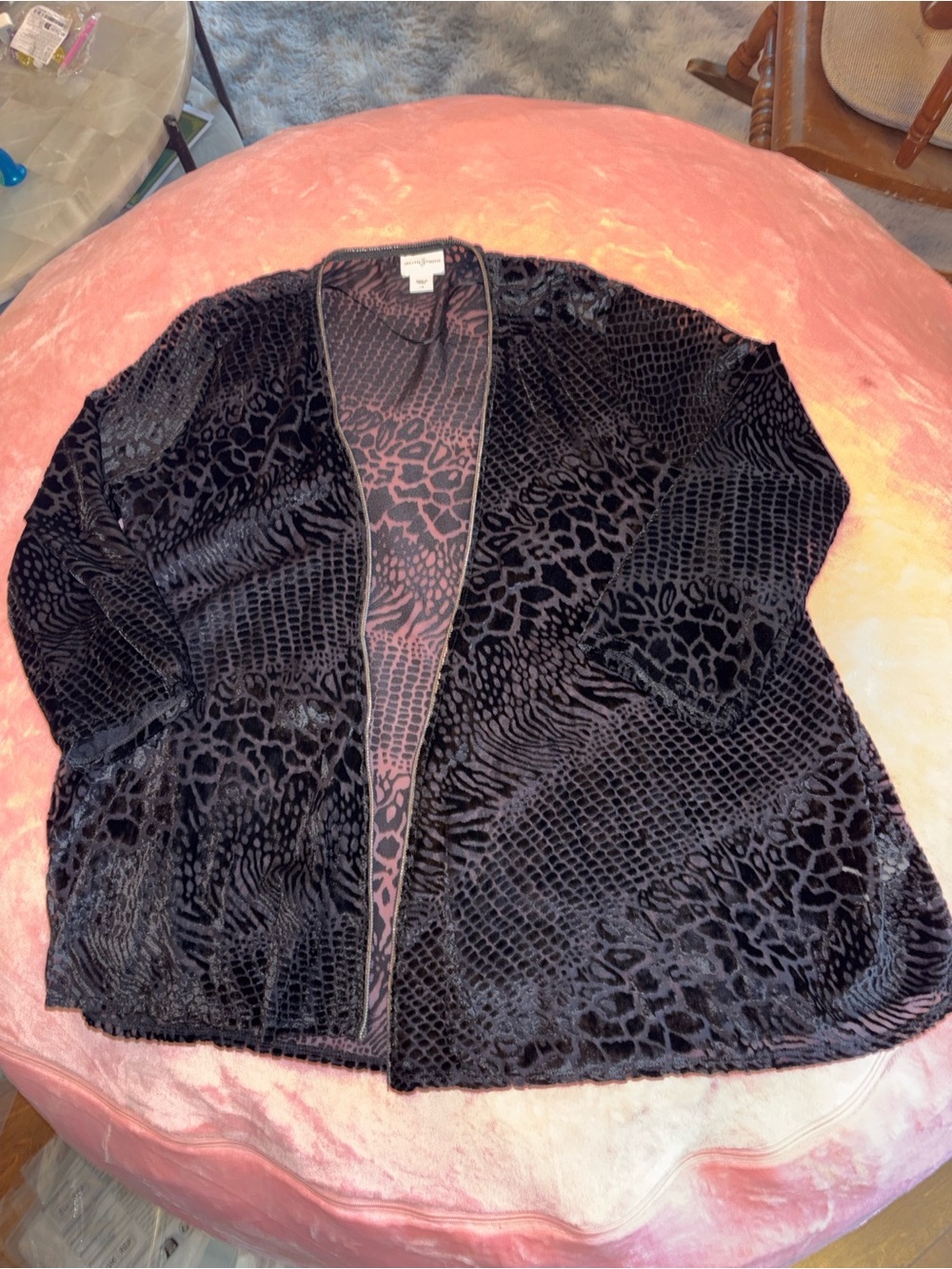 Jaclyn Smith Black Burnout Velvet Open Cardigan with jewel trim - Picture 1 of 7